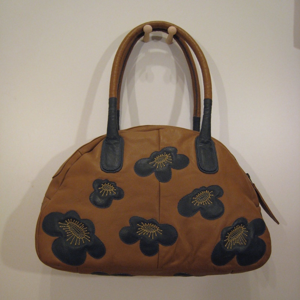 Rutadesign European Tan and Blue Leather Handbag and Cosmetic Bag